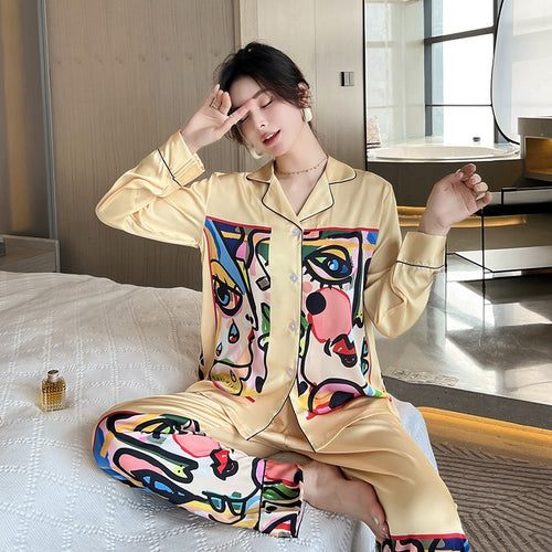 Load image into Gallery viewer, High Quality Women&#39;s Pajamas Set Abstract Art Sleepwear Silk Like Homewear V Neck Nightwear Nightgown пижама женска
