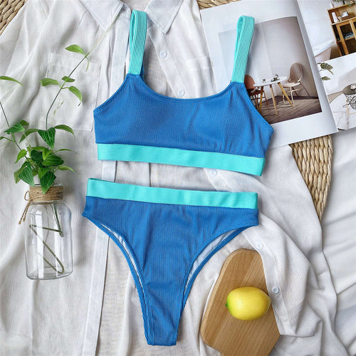 Load image into Gallery viewer, Splicing Ribbed High Waist Bikini Female Swimsuit Women Swimwear Two-pieces Bikini set Bather Bathing Suit Swim V2329B
