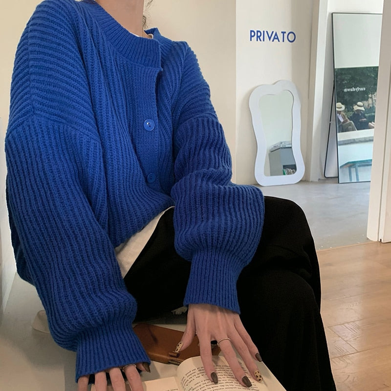 Loose Women Cardigan Sweater Designed Casual O Neck Blue Jumper Winter Thick Loose Female Knitted Coats Oversize Tops