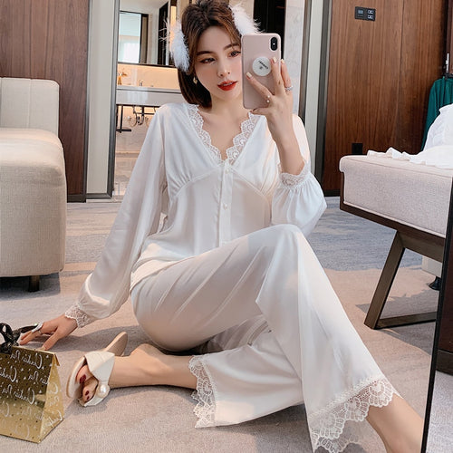 Load image into Gallery viewer, Summer Women&#39;s Pajamas Set Fashion Lace V Neck Sexy Sleepwear Silk Like Nightwear Home Clothes Suit Pyjamas Femme
