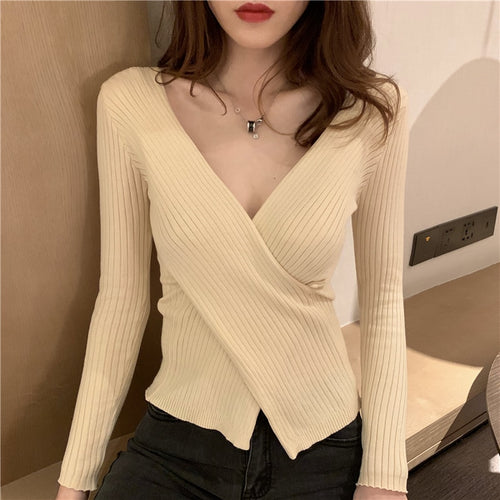 Load image into Gallery viewer, Knitted Full Women Sweater Long Sleeve Fashion Crossed V Neck Jumper Causal Sexy Autumn Slim Pullover Ladies Basic Top
