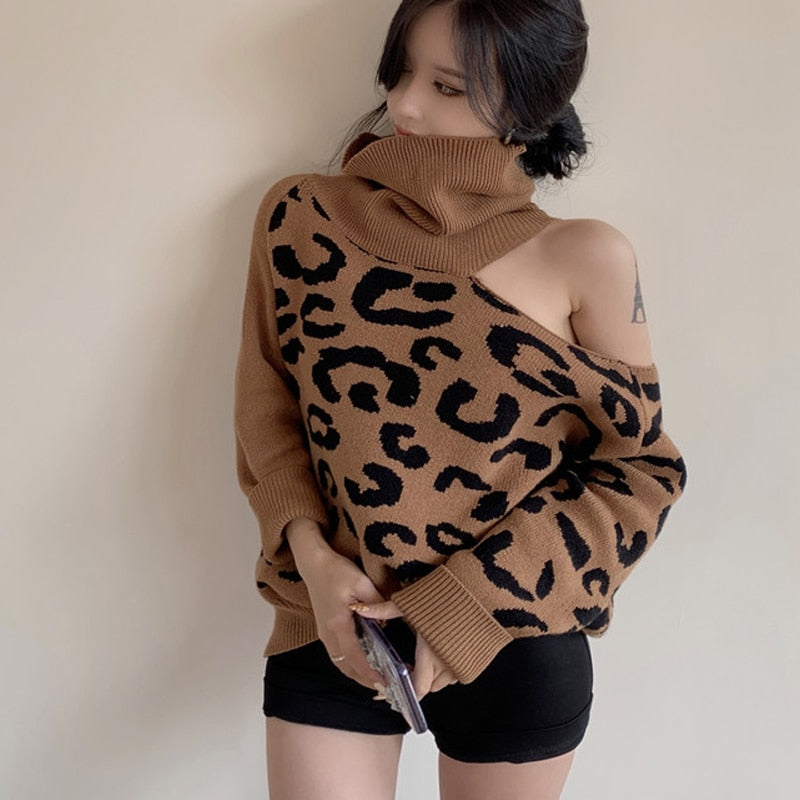 Sexy Off Shoulder Women Sweater Fashion Leopard Pullover Knit Loose Turtleneck Warm Winter Long Sleeve Mujer Coat