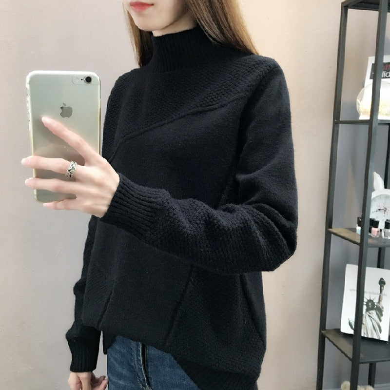 Women Solid Thick Turtleneck Winter Pullover Sweater Long Sleeve Knitted Korean  Loose Jumper Top Warm Sweater Coat