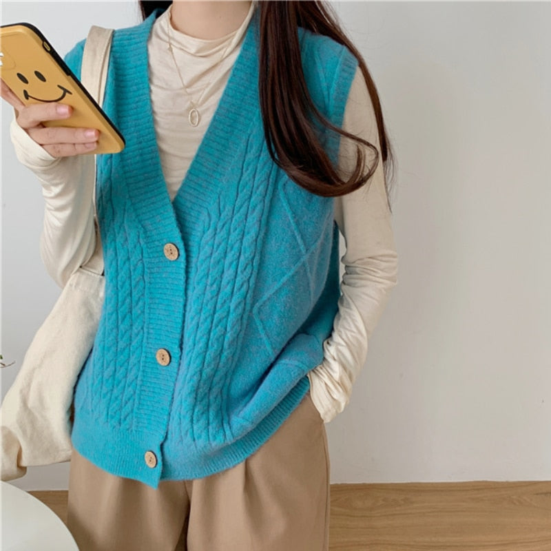 Autumn Women Vest Sweater Loose Fashion V Neck Single Breasted Korean Sleeveless Knitted Cardigan Solid Casual Ladies Tops