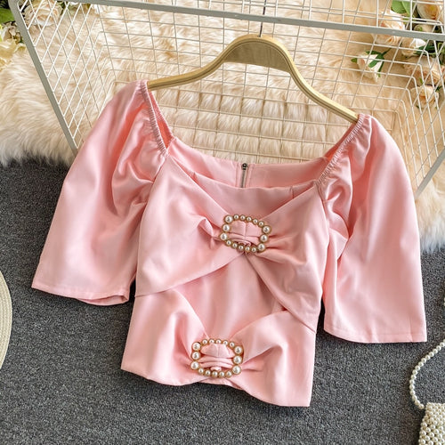 Load image into Gallery viewer, Summer Women Blouse Elegant Square Collar White Beading Pearl Buttons Bow High Waist Puff Sleeve Office Ladies Tops Korean
