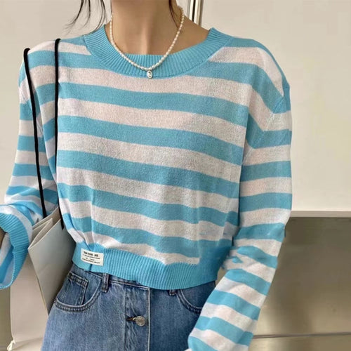 Load image into Gallery viewer, Casual Women Striped T Shirts Loose O Neck Korean Long Sleeve Autumn Knit Tops Fashion Black New  Fall Female Thin Tees
