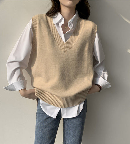 Women Sweater Vest Autumn V-neck Knit Pullover Solid Simple Slim All-match Casual Korean Sleeveless Vintage Vest