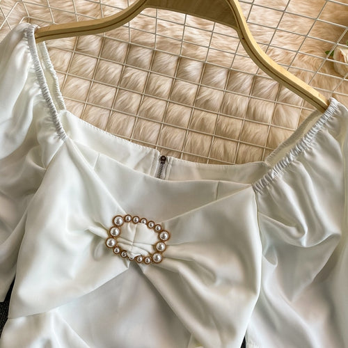 Load image into Gallery viewer, Summer Women Blouse Elegant Square Collar White Beading Pearl Buttons Bow High Waist Puff Sleeve Office Ladies Tops Korean
