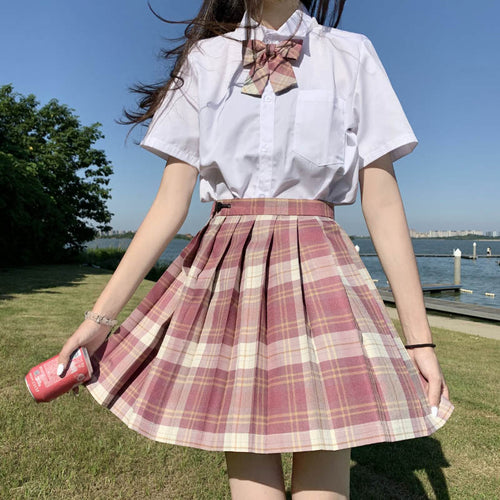 Load image into Gallery viewer, Pink Sweet Women Plaid Skirt JK Girls Preppy Dance Mini Pleated Skirt A Line Harajuku Japan School Fashion Tie Bow Skirt

