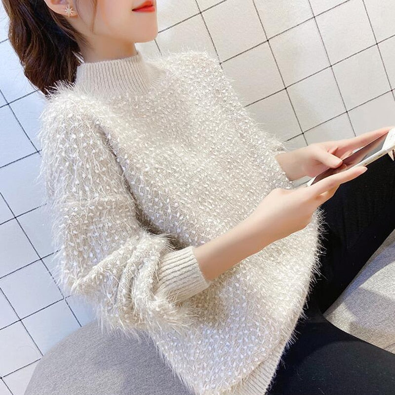 Elegant Tassel Women Sweater Winter Thick Faux Fur Knitted Pullover Jumper Half Turtleneck Loose Long Sleeve Female Top