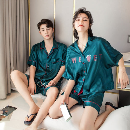 Load image into Gallery viewer, Summer Women&#39;s Pajamas Set Fashion Letter Pattern Short Sleeve Couple Sleepwear for Men Silk Like Leisure Home Clothes Nightwear
