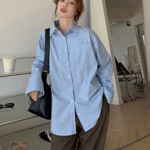 Load image into Gallery viewer, Designed Women Long Shirt Oversize Blue Long Sleeve Korean Loose Ladies Casual Blue Shirt Fashion Button Up Female Tops
