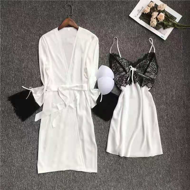 Women's Pajamas Robe Set Silk Like Homewear Deep V Neck Sling Dress Lu –  wanahavit