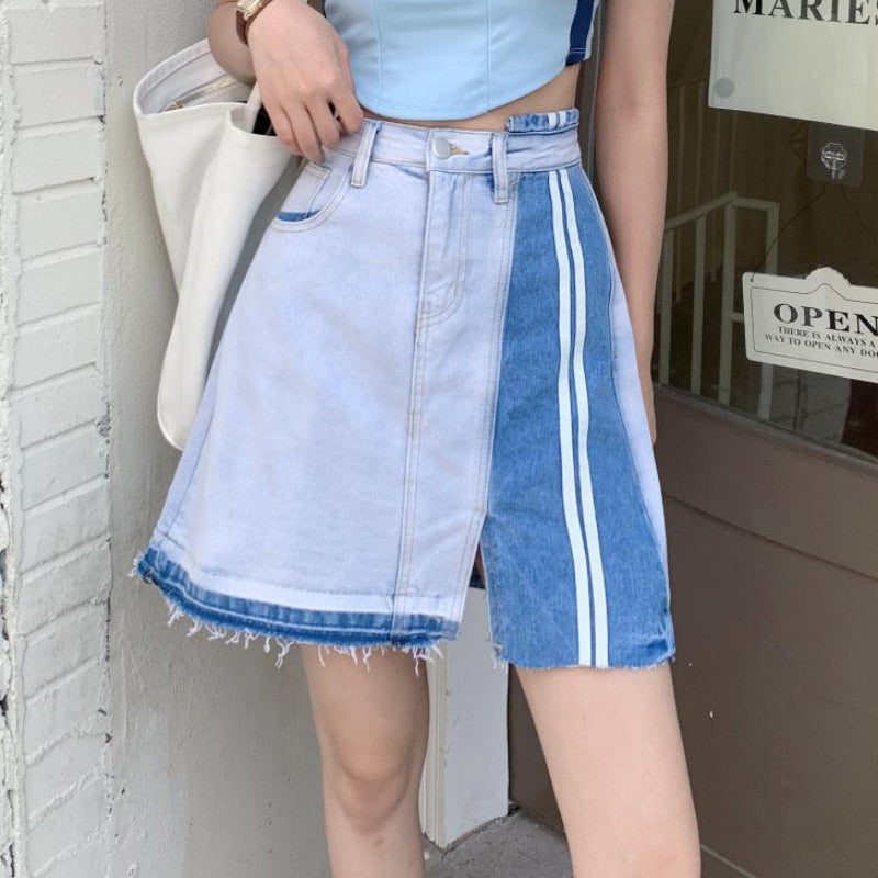 Designed Women Denim Skirt High Waist Patchwork Tassel A Line Jeans Skirt Fashion Streetwear Summer Girls Mini Skirts New