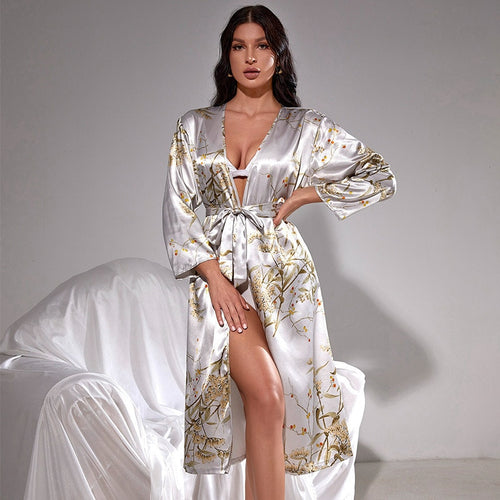 Load image into Gallery viewer, Women&#39;s Pajamas Robe Set Sexy Dress Cherry Print Nightgown Deep V Neck Homewear Silk Like Bathrobe Backless Sleepdress
