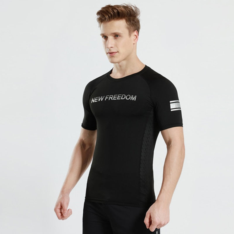Men Sportswear Black Running Sport T-Shirt Gym Fitness Workout Jogging Short Sleeve Tops Quick Dry Breathable Wicking Rash Guard