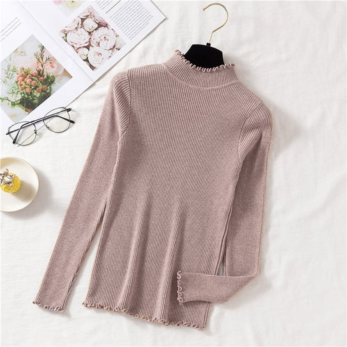 Load image into Gallery viewer, Women Knit Sweater Autumn Long Sleeve Pullover Tops Elastic Ruffles Korean Slim Jumper Fall Solid Ladies Tops
