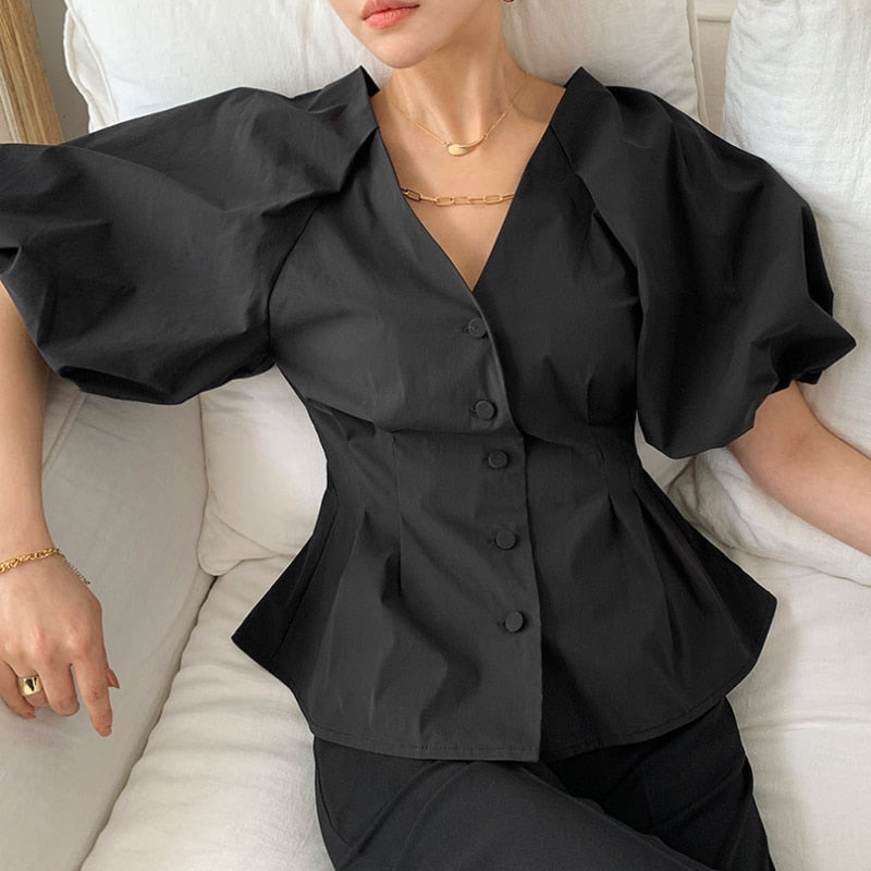 Summer Elegant Women Shirt Fashion V Neck Puff Sleeve Black White Tuxedo Shirt High Waist Button Party Ladies Blouse Tops