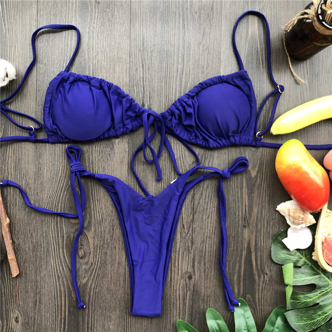 Wrinkled Lace Up Mini Thong Bikini Female Swimsuit Women Swimwear Two-Pieces Bikini set Tie Dye Bather Bathing Suit Swim V2552B