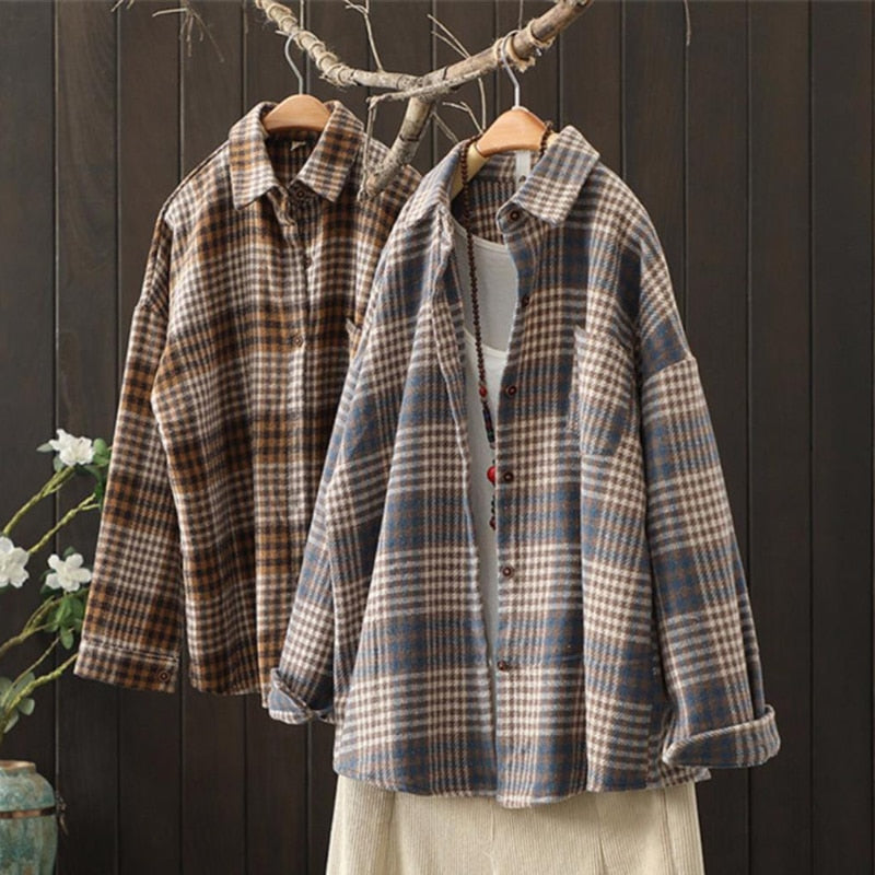 Houndstooth Women Shirts Vintage Plaid Button Up Oversize Female Tops Fall Long Sleeve Korean Loose Ladies Shirt