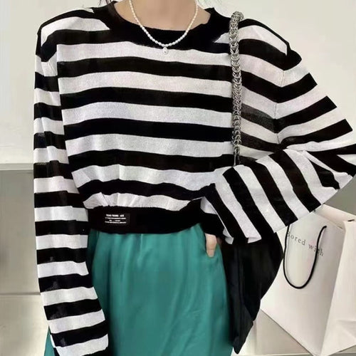 Load image into Gallery viewer, Casual Women Striped T Shirts Loose O Neck Korean Long Sleeve Autumn Knit Tops Fashion Black New  Fall Female Thin Tees
