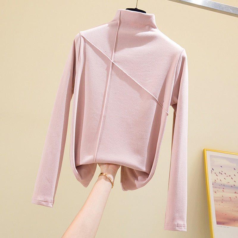 Long Sleeve Thick T Shirt Women Winter Tops Turtleneck Warm T-Shirt Korean Cotton Tshirt Woman Tee Shirt Femme Pink Blue