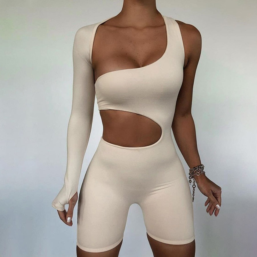 Summer Autumn Women Sexy Fitness Jumpsuit One Shoulder Skinny Bodycon Solid Sport Romper Playsuit