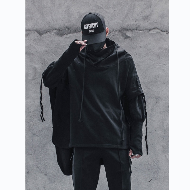 Streetwear Men Loose Hoodies Hip Hop Batwing Sleeve Wizard's Pullover Fake Two Darkwear Tops Techwear Sweatshirt Black WB227