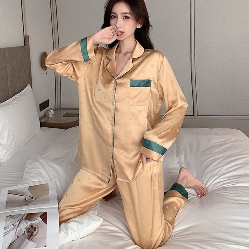 Load image into Gallery viewer, Women&#39;s Pajamas Set Fashion Sweet Heart Print Sleepwear Silk Like Nightie Leisure Home Clothes Nightwear Pyjamas Femme
