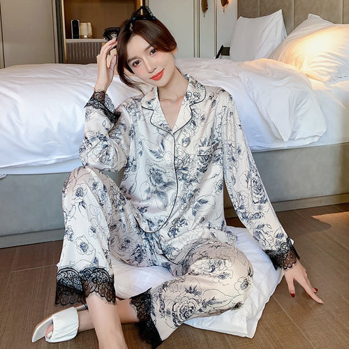 Load image into Gallery viewer, High Quality Women&#39;s Pajamas Set Floral Ink Painting Sleepwear Silk Like Casual Luxury Homewear V Neck Pyjams Femme New
