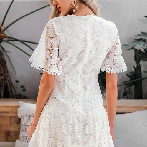 Load image into Gallery viewer, V-Neck Flower Lace Embroidery High Waist Holiday Beach Ruffled Cotton Mini Dress-women-wanahavit-White-S-wanahavit
