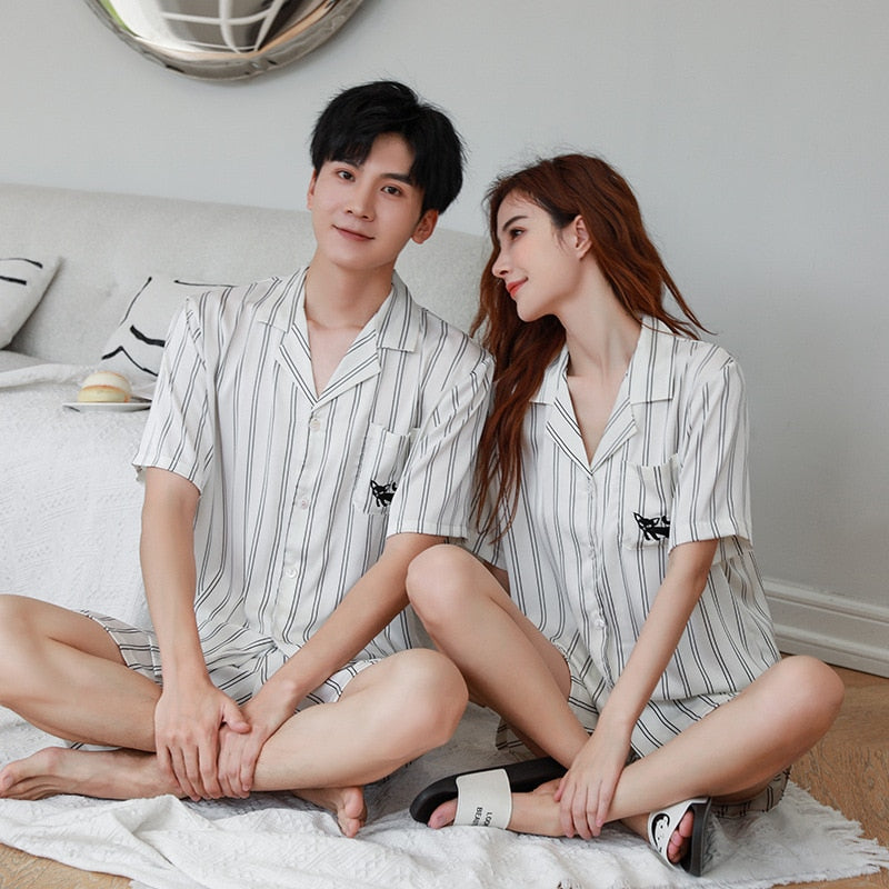 Women's Pajamas Set Luxury Fashion Stripes Sleepwear Couple Nightwear Silk Like Female Male Home Clothes Suit for Men