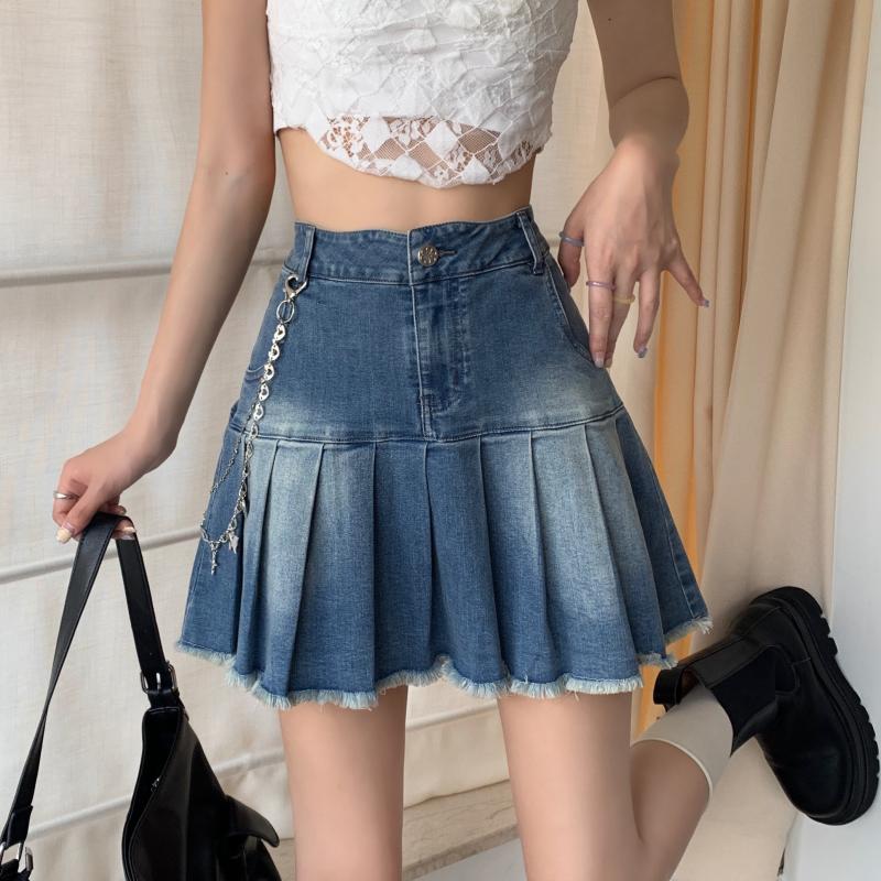 Tassel Women Pleated Skirt Fashion Jeans High Waist Blue A Line Denim Skirt Summer Casual Korean Pocket Ladies Mini Skirts