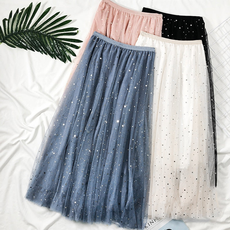 Elegant Korean Women Tulle Skirt Fashion Sequin Star Summer Mesh Ladies Long Skirt Elastic High Waist Party White Skirt