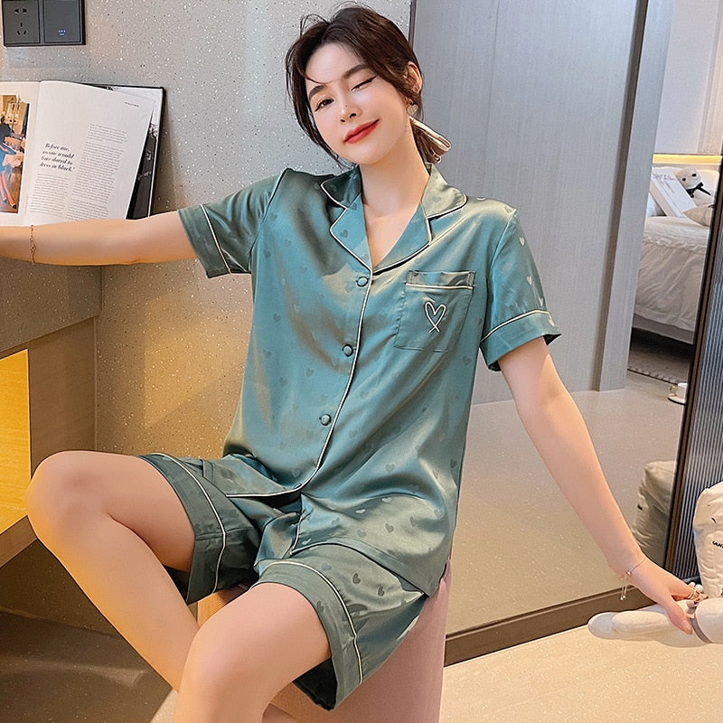 Women's Pajamas Set V Neck Luxury Style Fashion Heart Embroidered Sleepwear Silk Like Home Suit Nightwear Pijama Femme