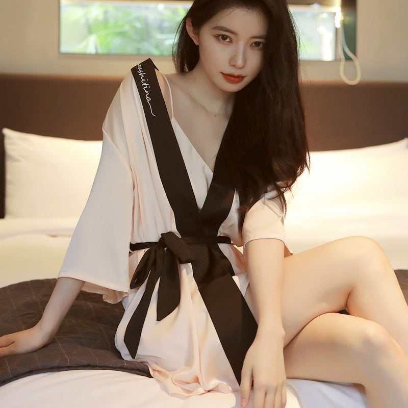 Summer Women's Pajamas Robe Set Fashion Hit Colors Bathrobe Sleepwear Silk Like Leisure Home Clothes Sling Dress