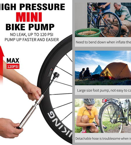 120PSI Bicycle Pump Hose Mountain Road Cycling Tire Inflator Schrader Presta Valve Alloy Portable Mini Bike Pump