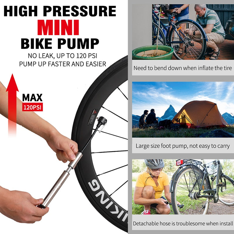 120PSI Bicycle Pump Hose Mountain Road Cycling Tire Inflator Schrader Presta Valve Alloy Portable Mini Bike Pump
