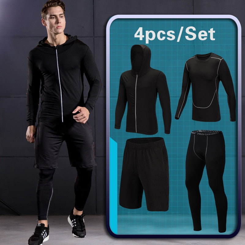 Running Sport Set For Men's Tight Sport Clothing Gym Fitness Sportswear Suit Outdoor Workout Compression Tracksuit Clothes Black
