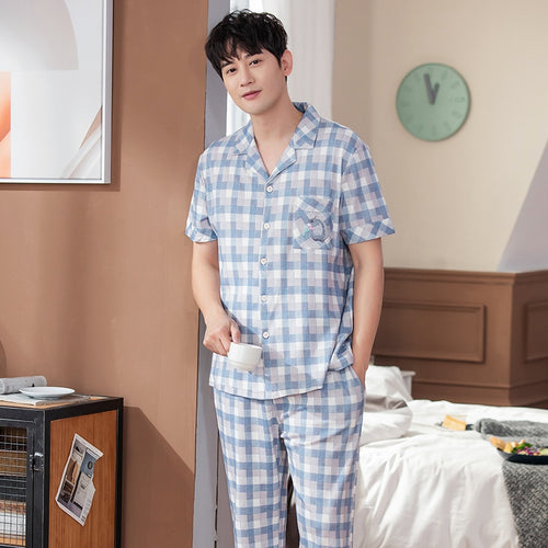 Load image into Gallery viewer, Women&#39;s Pajamas Set Summer 100% Cotton Plaid Sleepwear Couple Nightwear Cute Animal Pattern Male Home Suit for Men

