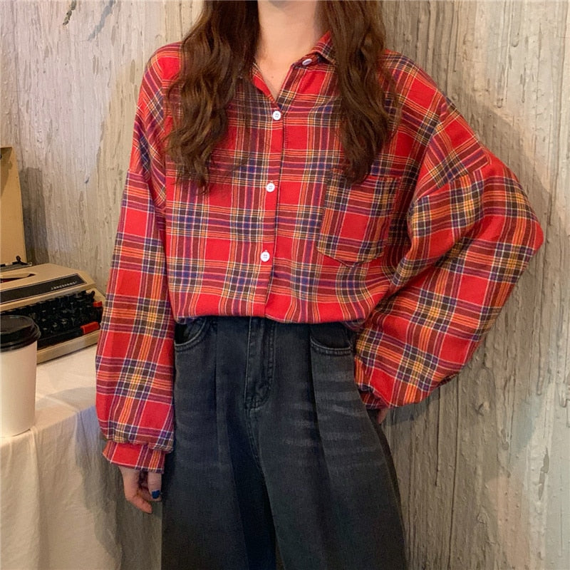 Plaid Women Shirt Loose Spring Long Sleeve Harajuku Korean Loose Ladies Blouse Casual Turn Down Collar Cotton Vintage Tops