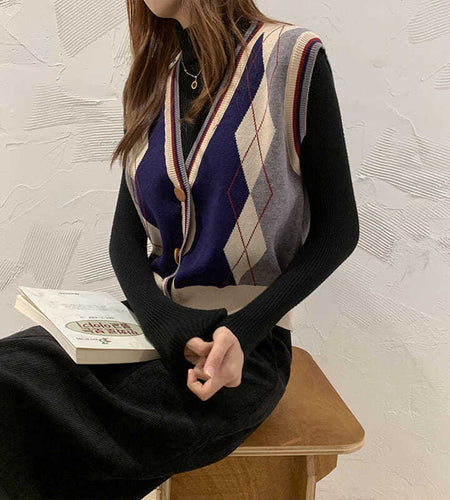Argyle Women Cardigan Sweater Fashion V Neck Knit Fall Jumper Vest Casual Button Up Female Outwear