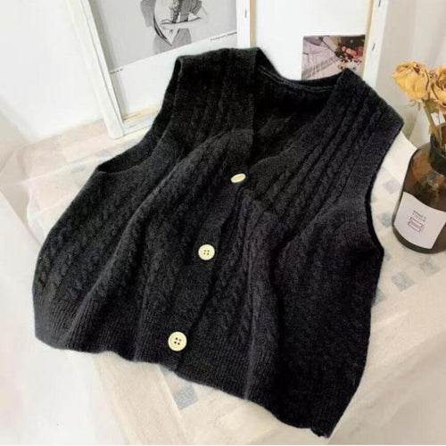 Load image into Gallery viewer, Autumn Women Sweater Vest Fashion Twist V-neck Knit Cardigan Casual Loose Simple Pockets All-match Button Up Black Tops
