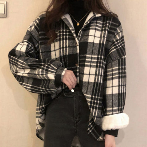 Load image into Gallery viewer, Thick Women Plaid Shirts Long Sleeve Warm Button Up Korean Ladies Tops Vintage Winter Korean Turn Down Collar Female Shirts
