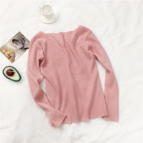 Load image into Gallery viewer, Women Sweater Autumn Long Sleeve Pullover Basic Top Fashion V-neck Elastic Female Winter Solid Knitted Jumper
