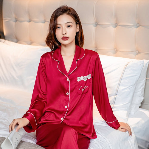 Load image into Gallery viewer, Spring Women&#39;s Pajamas Set Luxury Style Fashion Candy Color Sleepwear Silk Like Nightie Leisure Home Clothes Nightwear Set
