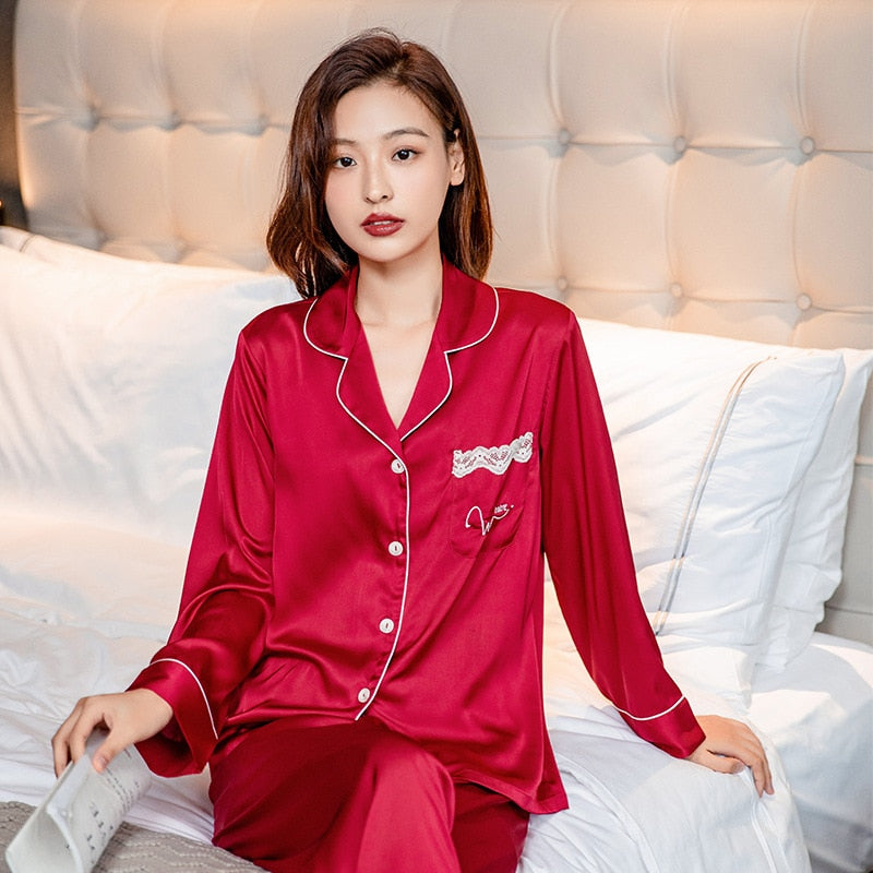 Spring Women's Pajamas Set Luxury Style Fashion Candy Color Sleepwear Silk Like Nightie Leisure Home Clothes Nightwear Set