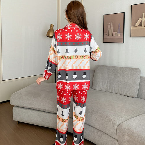 Load image into Gallery viewer, High Quality Women&#39;s Pajamas Set Christmas Print Homewear Silk like Sleepwear Casual Home Clothes Luxury Nightwear Femme
