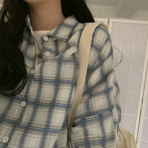 Load image into Gallery viewer, Autumn Women Plaid Shirt Oversized Lantern Sleeve Vintage Turn Down Collar Ladies Casual Vintage Button Up Loose Tops
