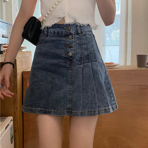 Load image into Gallery viewer, Pleated Women Denim Skirt Korean High Waist Lined Jeans Mini Skirt Fashion A Line Black Female Button Cotton Skirts
